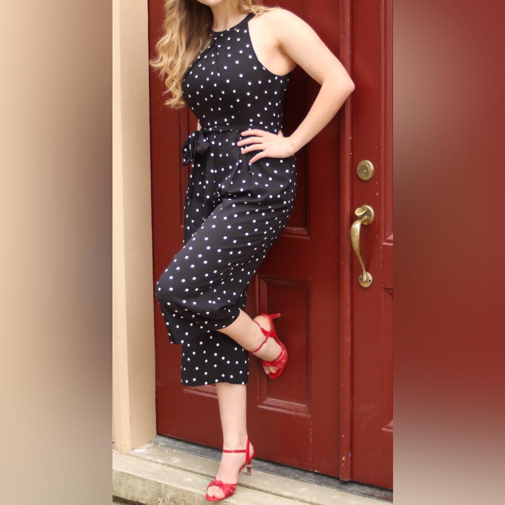 Banana Republic Halter Jumpsuit Black White Polka Dots Tie at Waist 2P